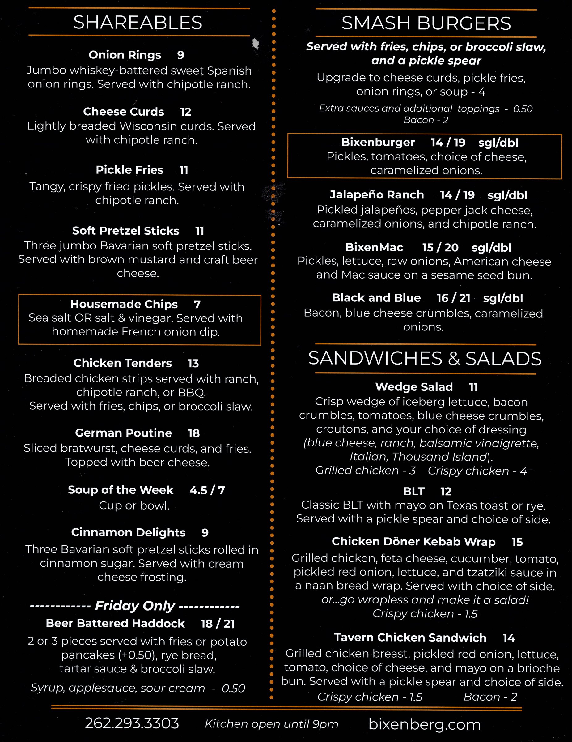 Bixenberg Tavern menu